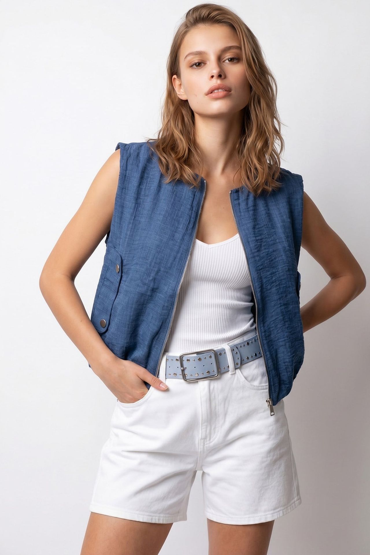 MIXRAY Women's Woven Poplin Waistcoat With Zip Front 2