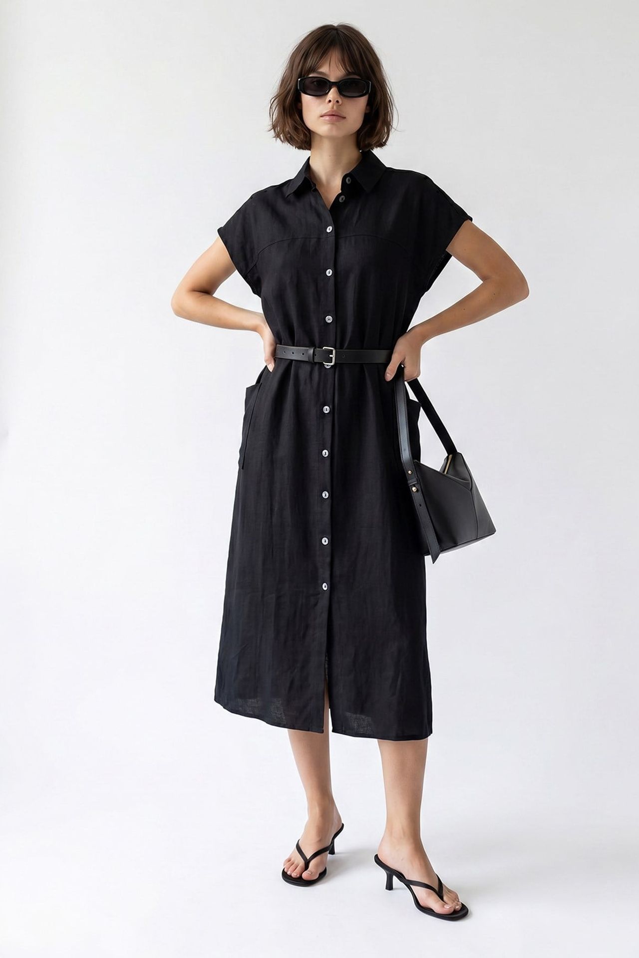MIXRAY Belted Midi Shirt Dress 2