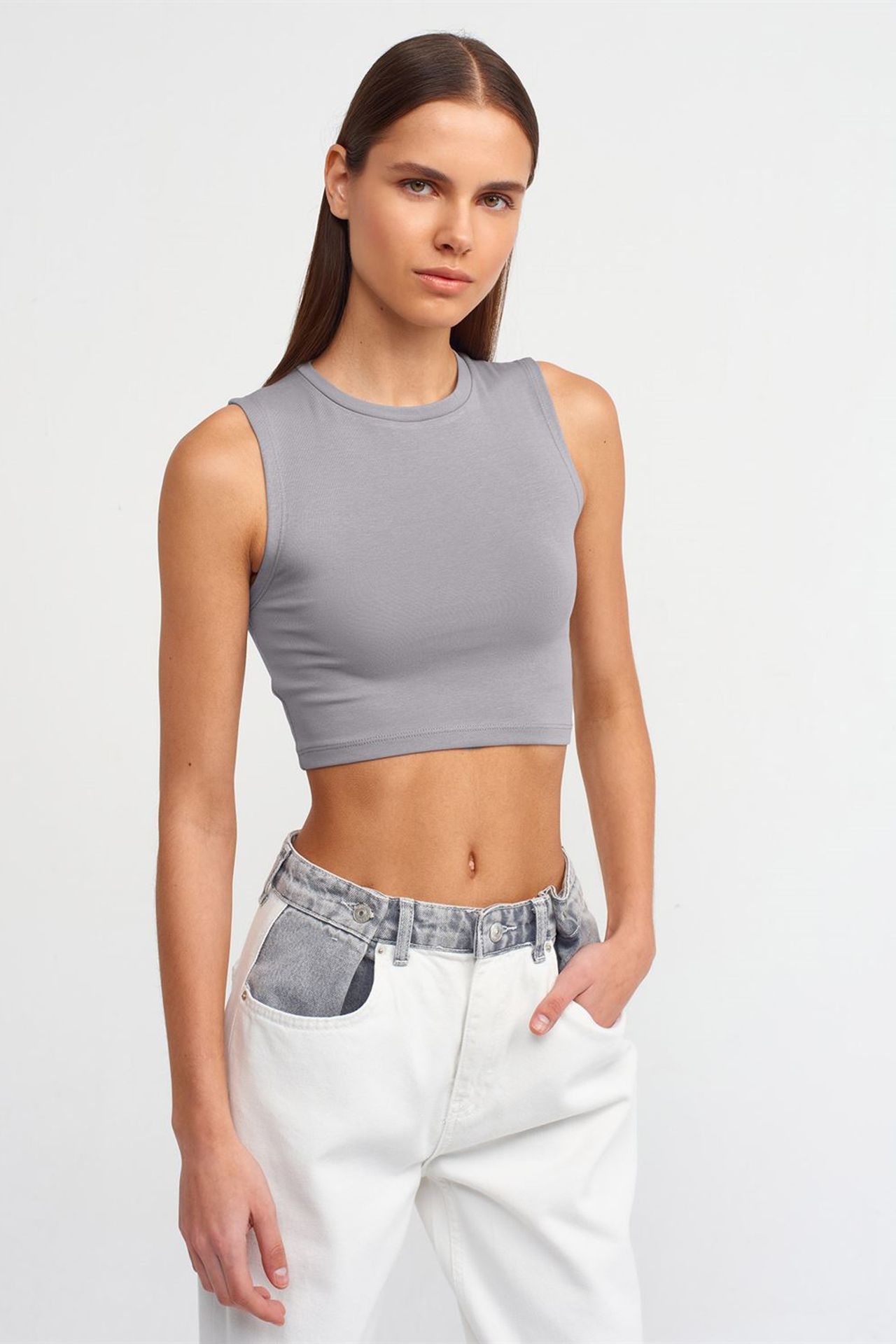 DILVIN Pamuklu Jarse Kolsuz Crop Bluz 1