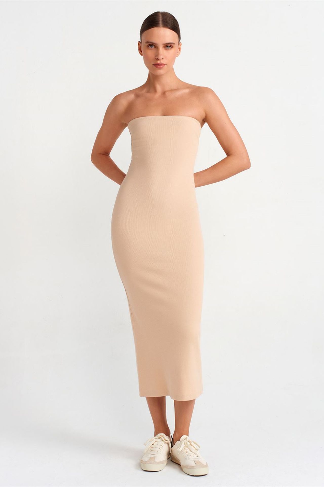 DILVIN Straplez Bodycon Midi Elbise 1