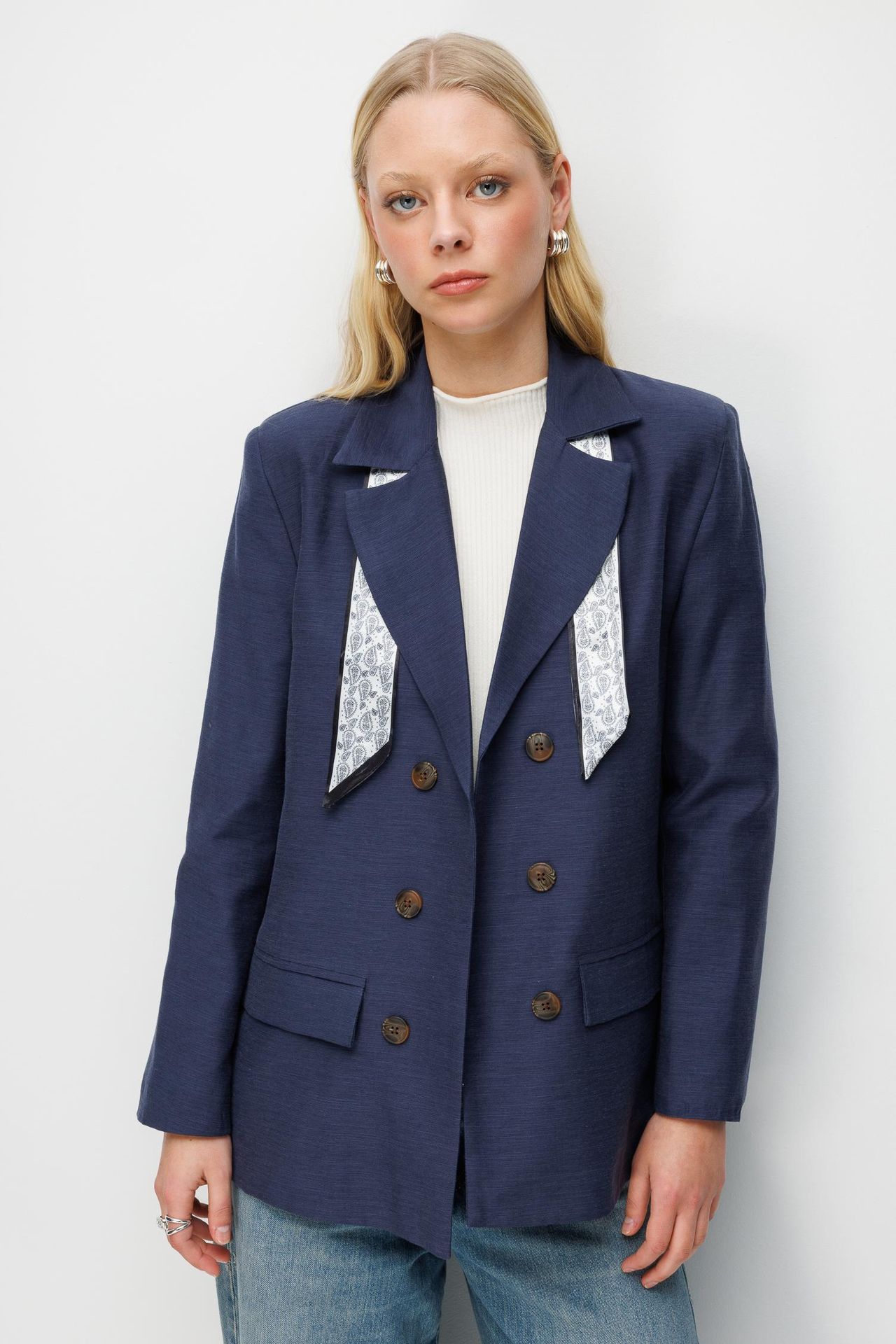 MIXRAY Linen Blazer Jacket with Scarf Detail 1