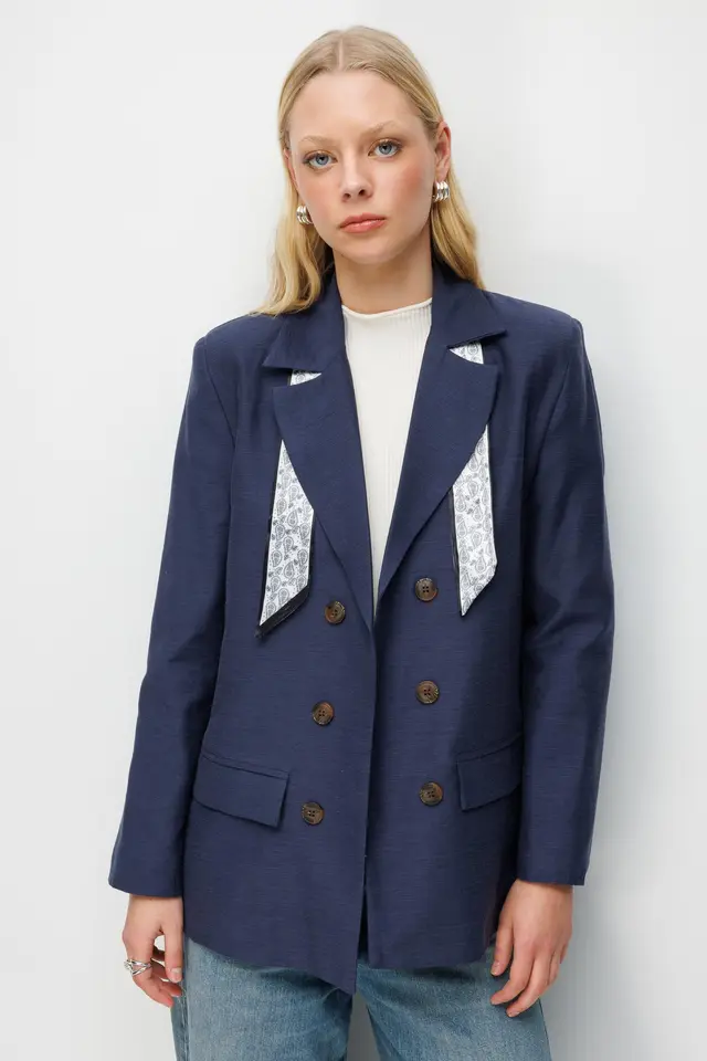 MIXRAY Linen Blazer Jacket with Scarf Detail