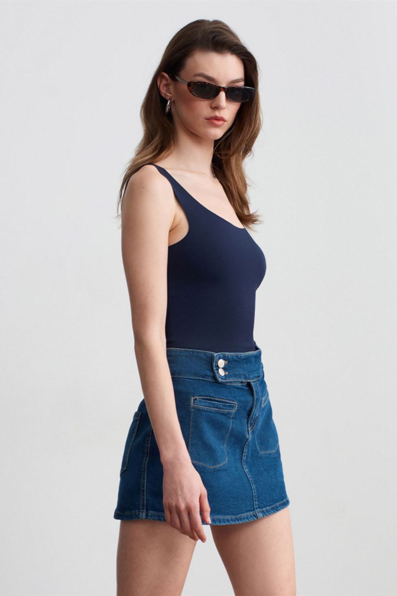 DILVIN Yüksek Bel Düz Mini Jean Etek 4