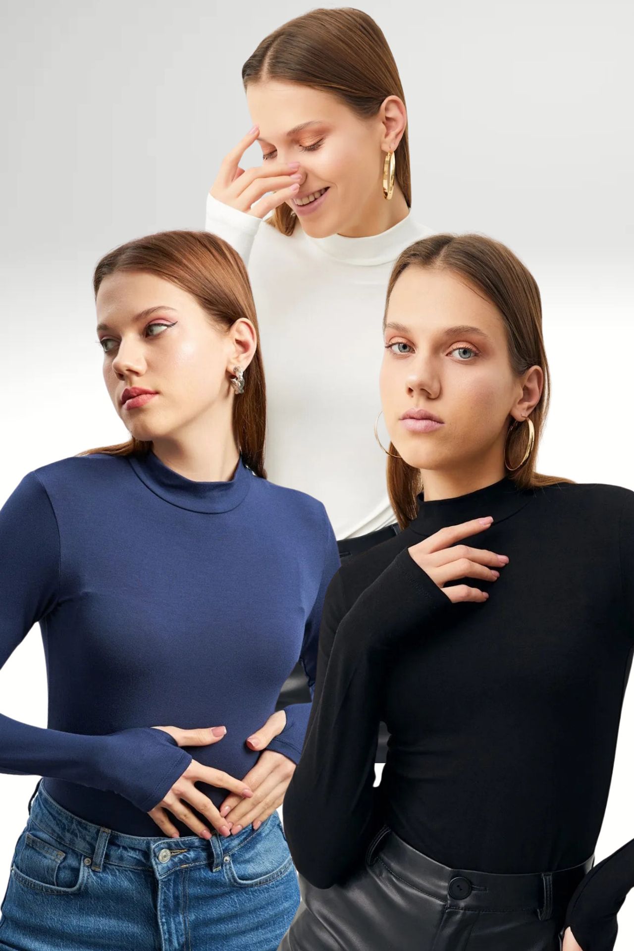 BIPANTOLON Women's 3-Pack Slim Fit Half Turtleneck Bodysuits 1