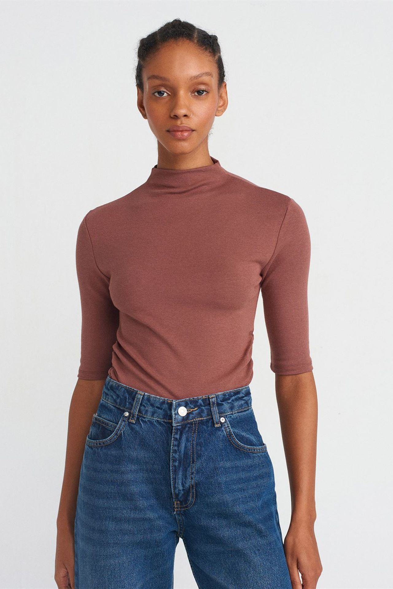 DILVIN Kadın Slim Fit Yarım Balıkçı Yaka Tişört 4