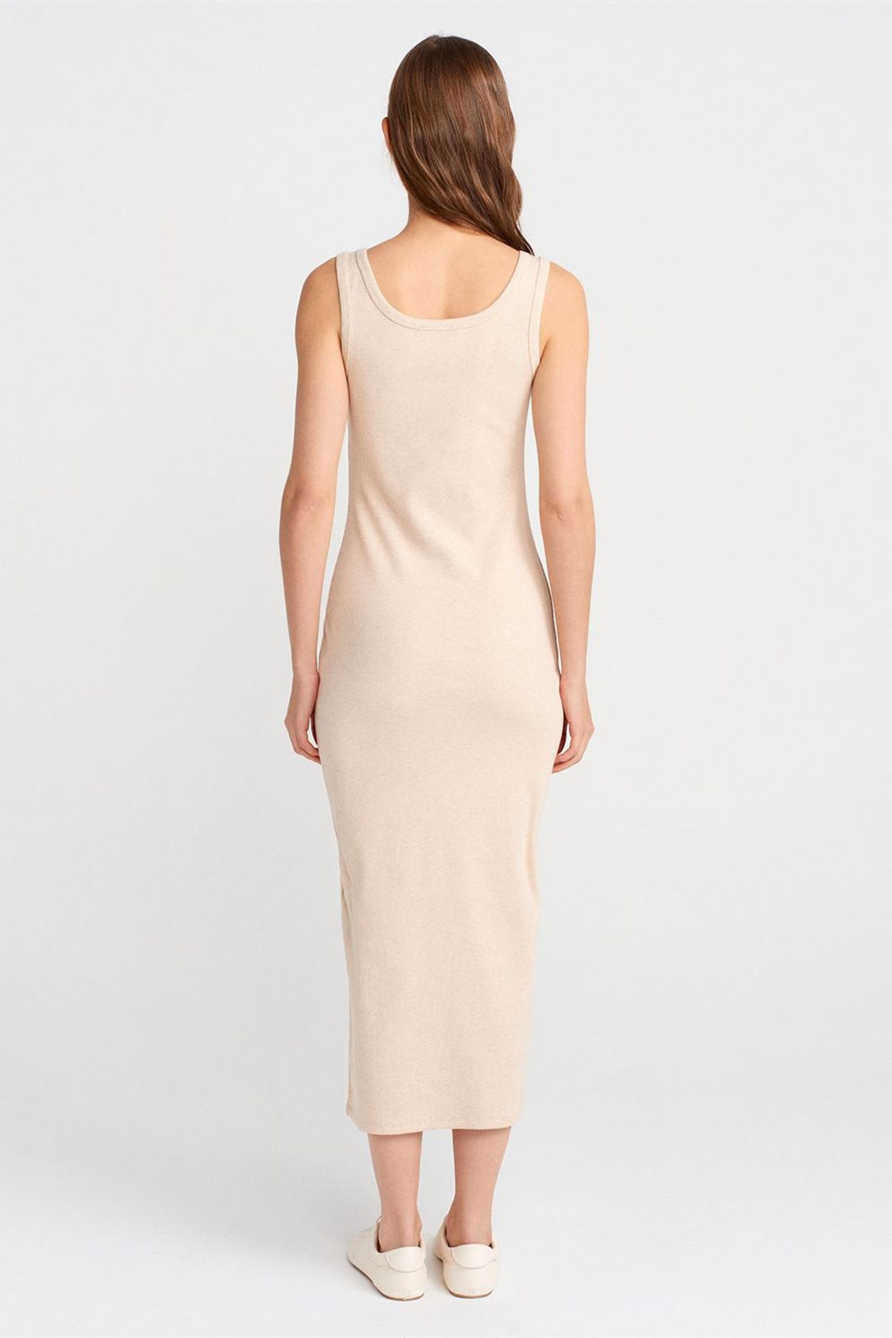 DILVIN Düğmeli Nervürlü Midi Bodycon Elbise 2