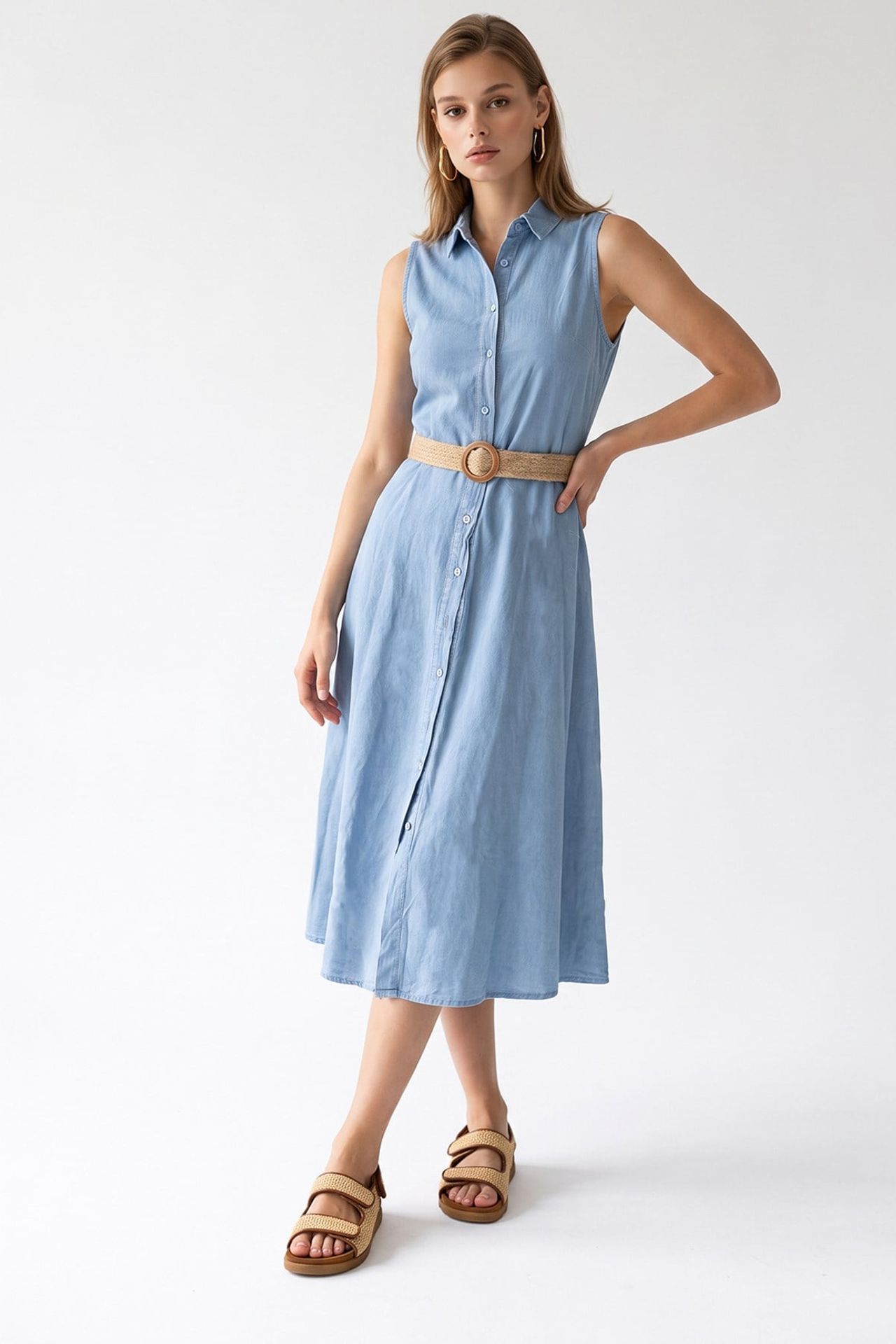 MIXRAY Belted Cotton Poplin Midi Shirt Dress 4