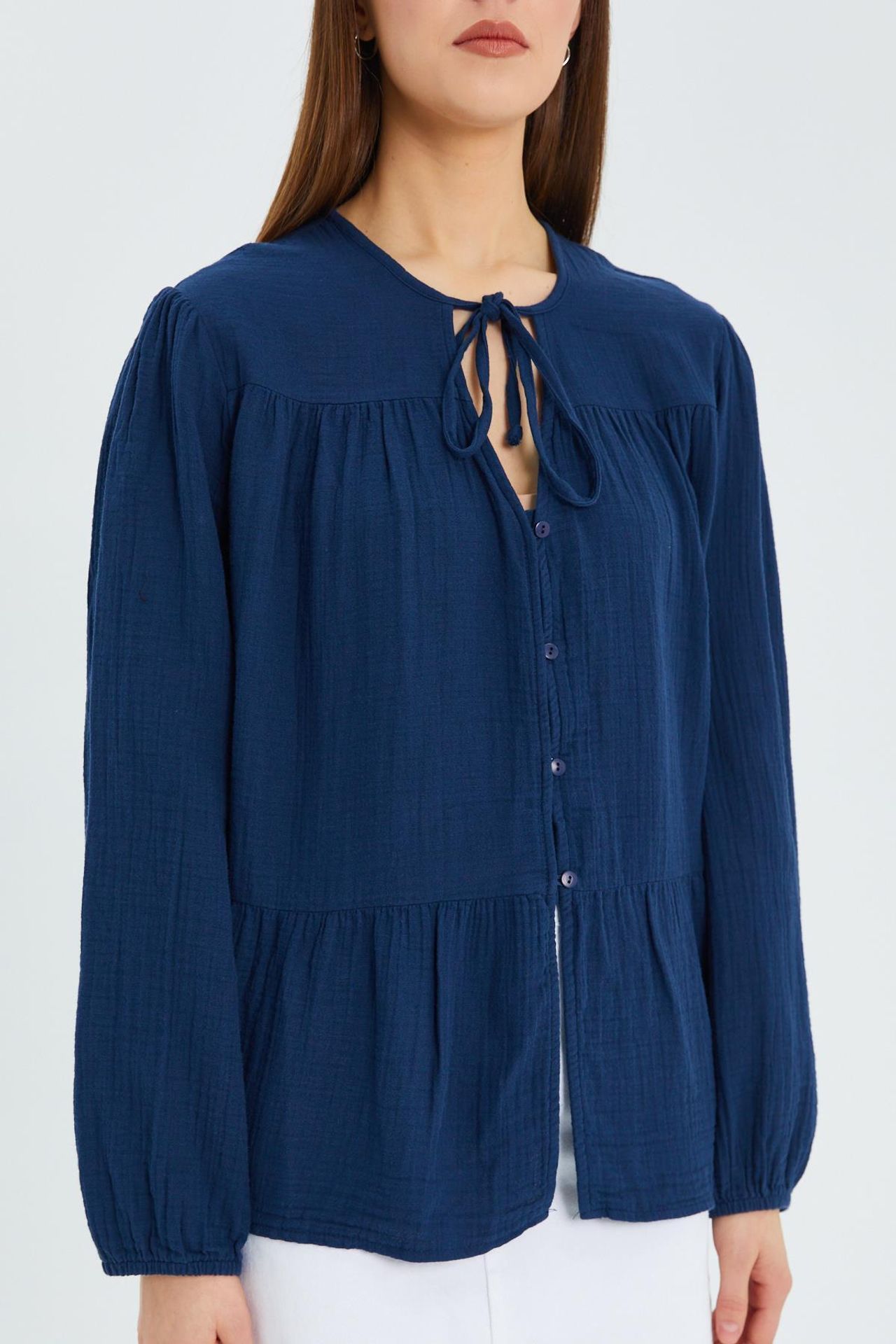 Mixray Long Sleeve Relaxed Fit Blouse with Tie-Neck 4