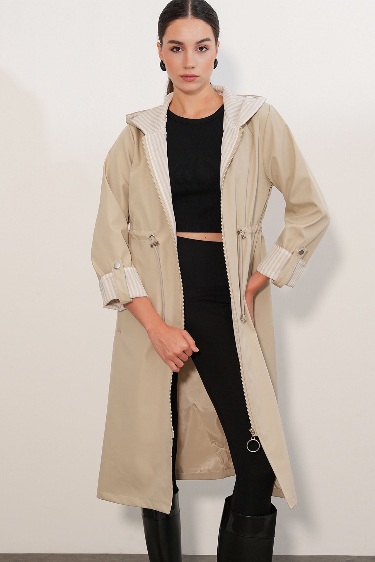 BDART Hooded Long Striped Trench Coat with Drawstring Waist 1