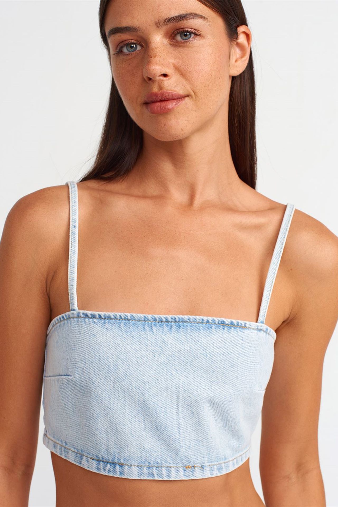 DILVIN Kadın Straplez Kısa Denim Üst 4