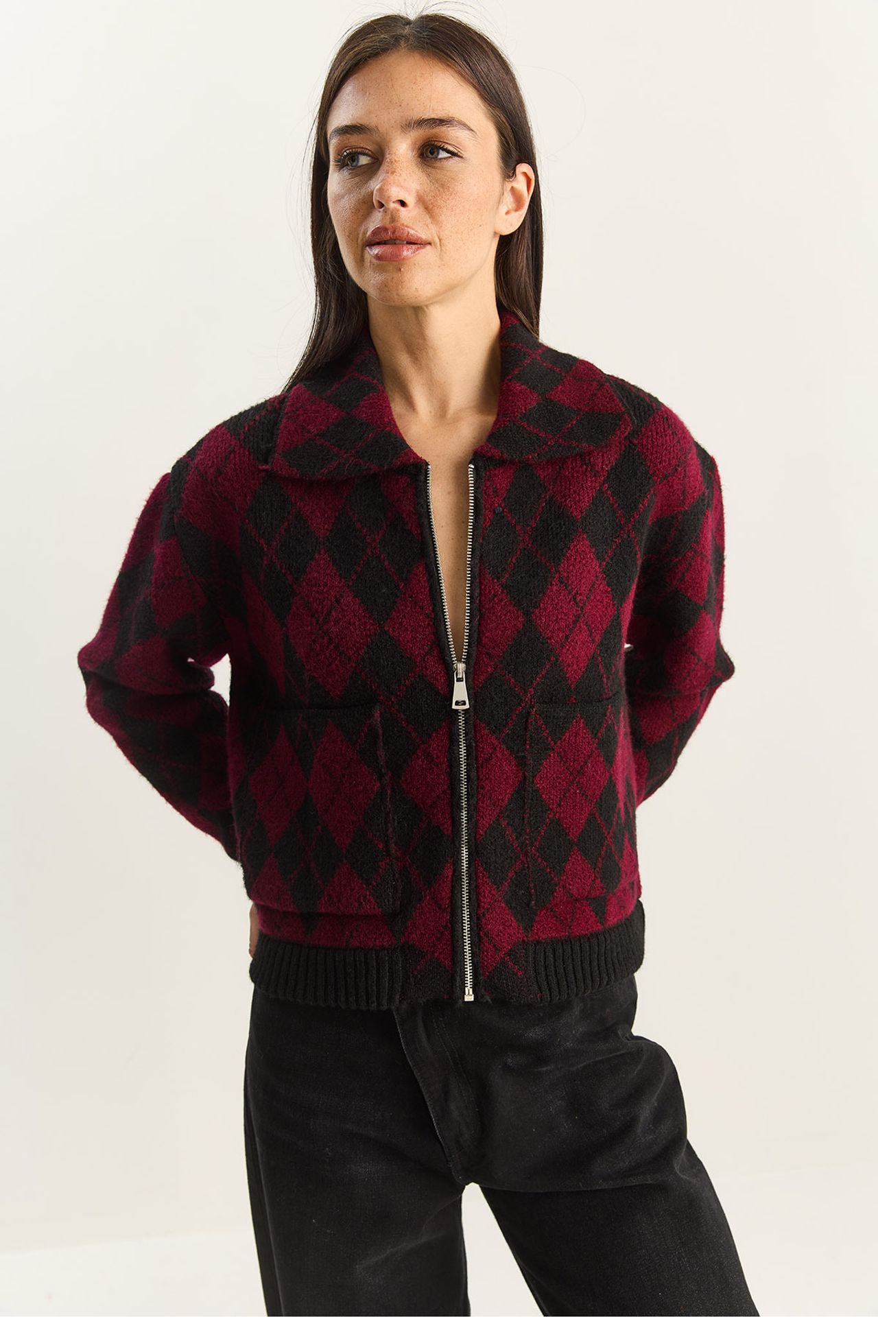 LUCCI Thick Jacquard Knit Cardigan with Zipper 5