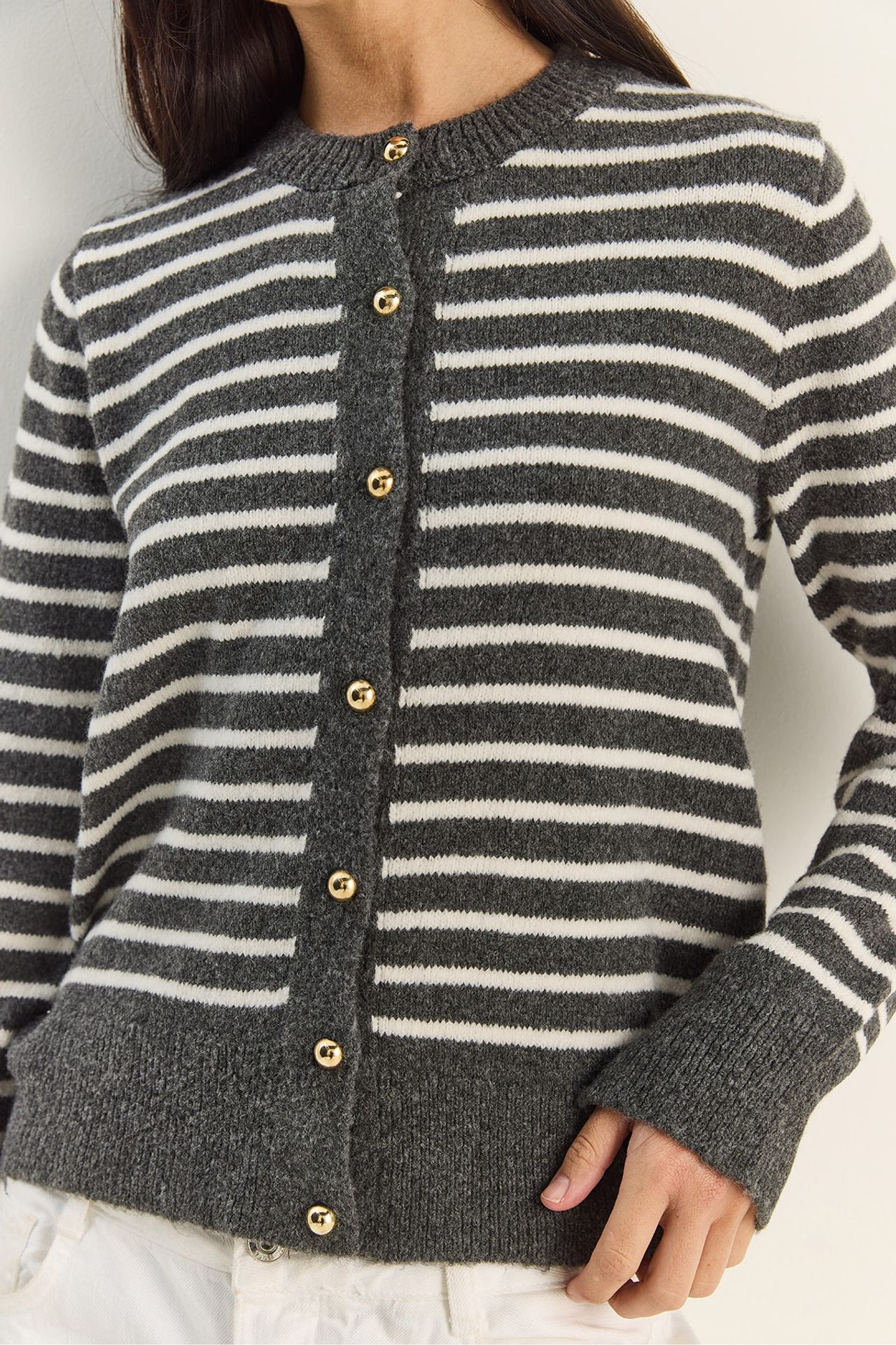 LUCCI Striped Ribbed Knit Cardigan with Button Closure 6