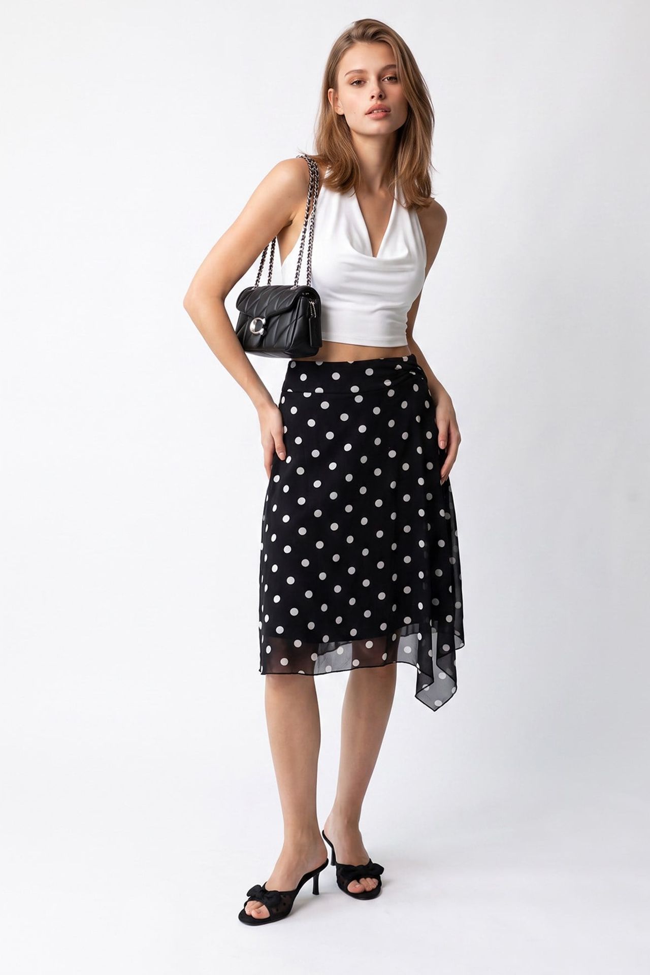 MIXRAY High-Waist Polka Dot Tulle Midi Skirt 2