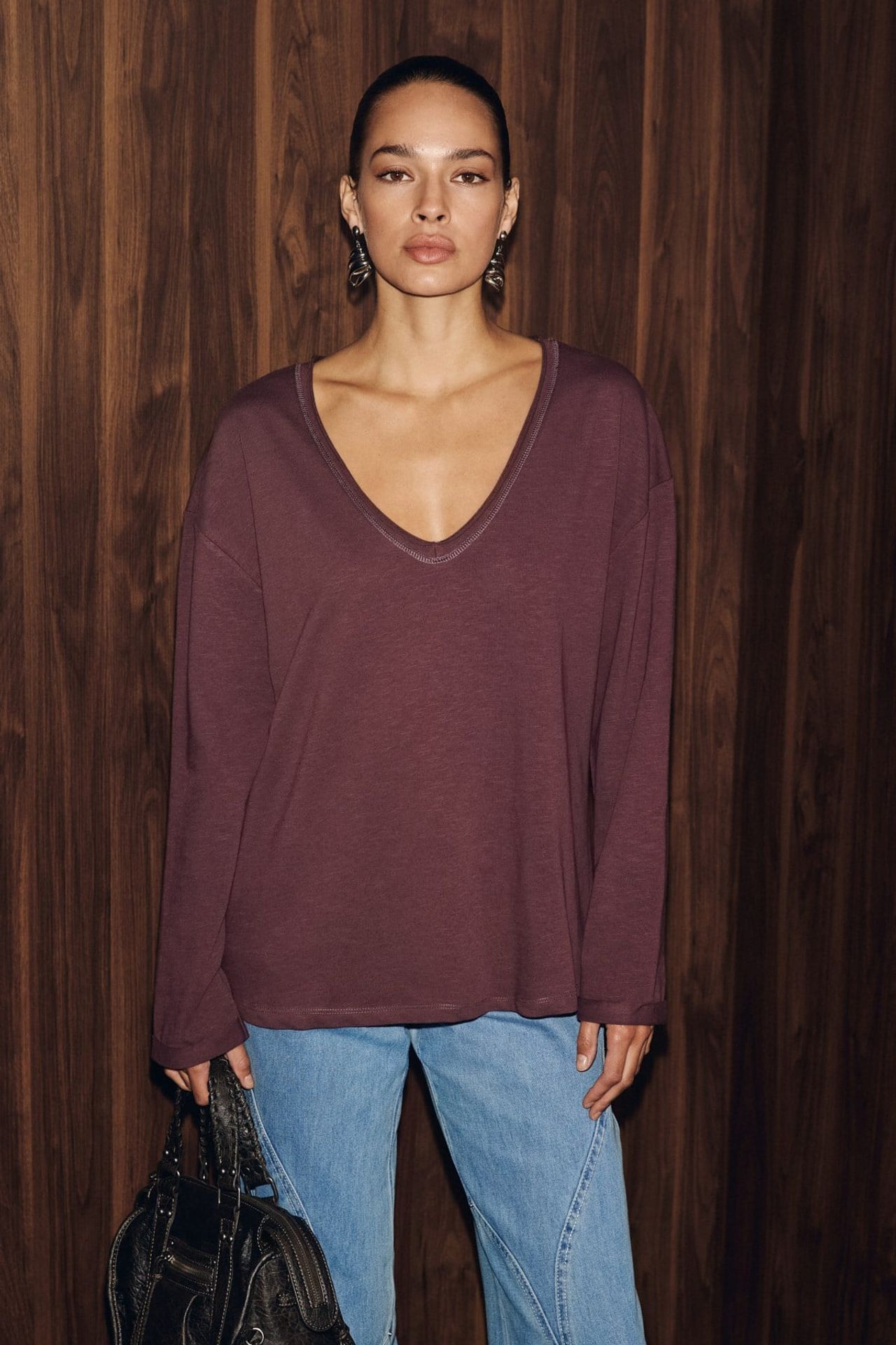 GRIMELANGE Oversized V-Neck Long Sleeve Blouse 2