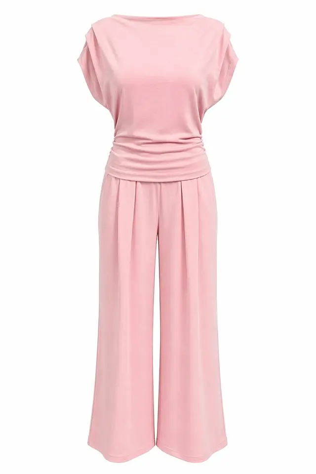 MIXRAY High Waist Wide Leg Knit Co-Ord Set with Boat Neck