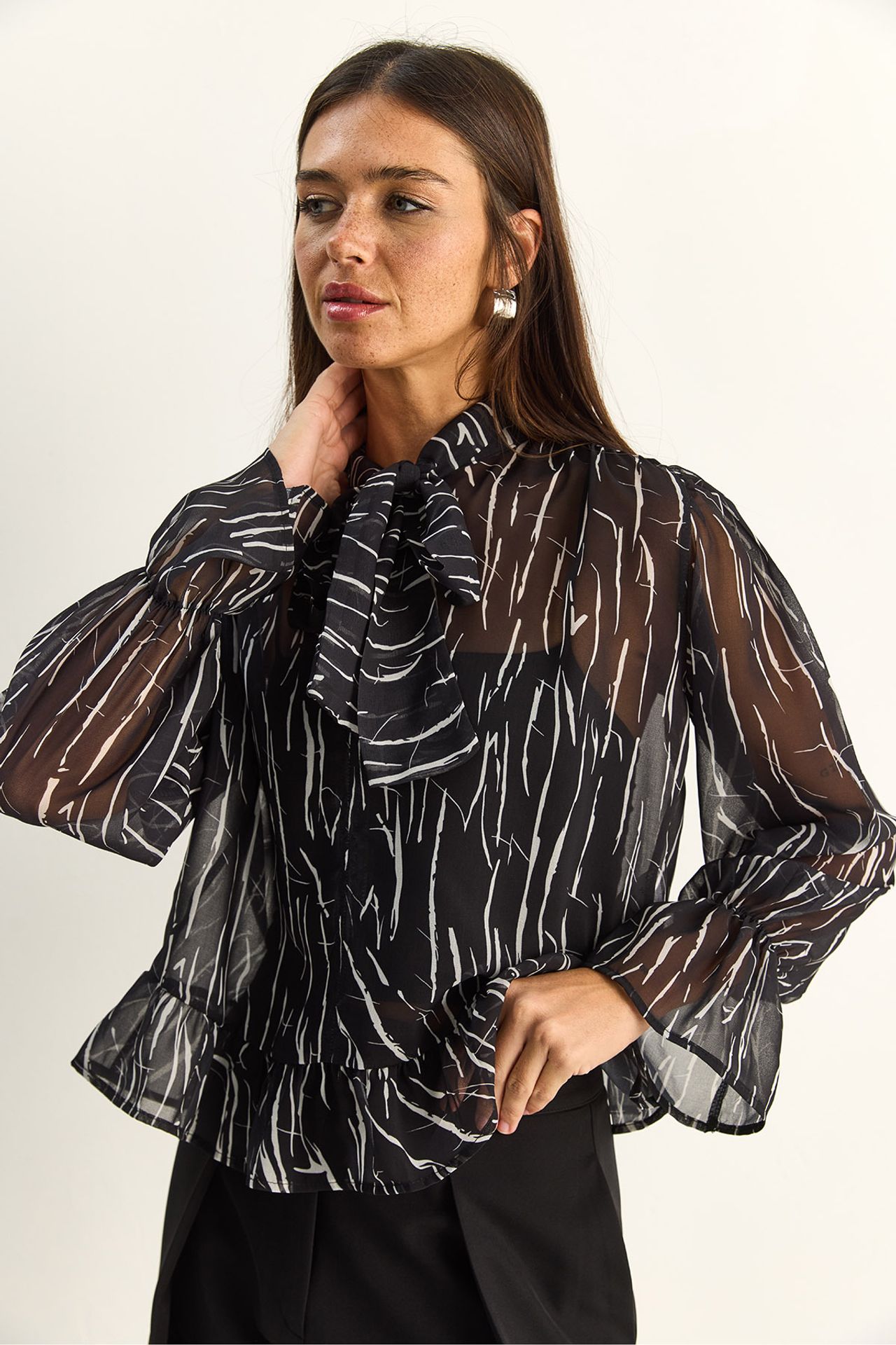 LUCCI Abstract Print Choker Collar Chiffon Blouse with Tie Detail 1