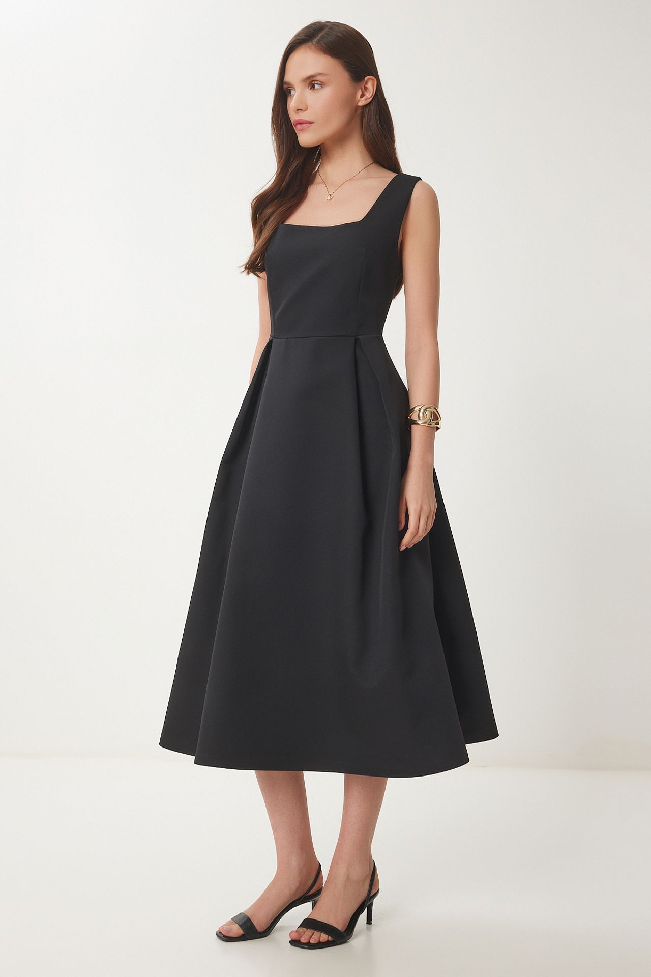 ISTANBUL Square Collar A-Form Midi Dress with Zipper Closure 2