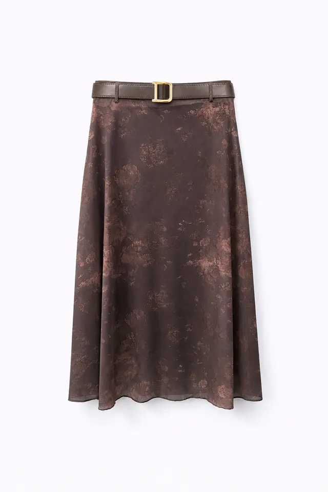 MIXRAY High Waist Belted A-Line Midi Skirt