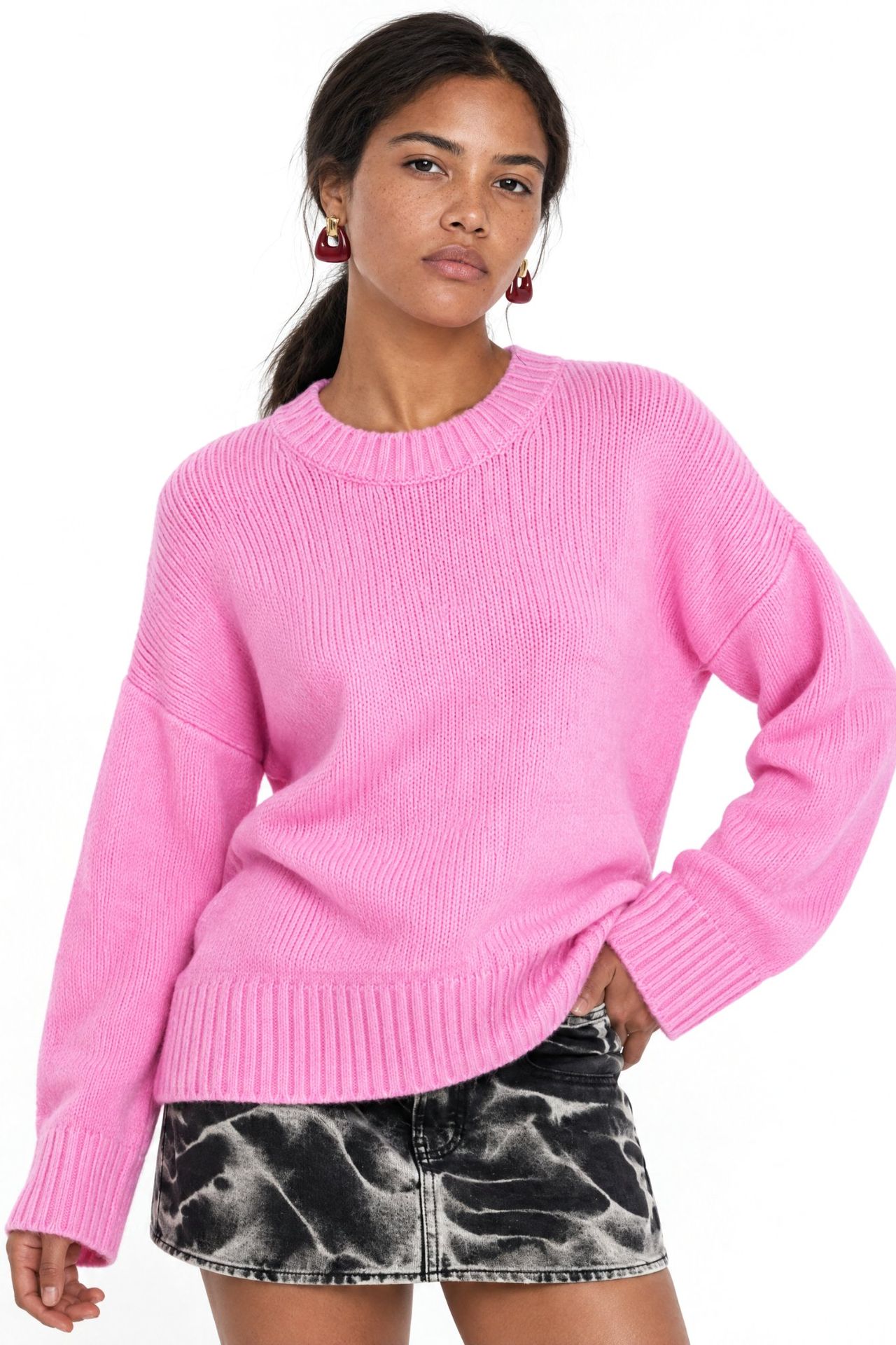 Mixray Oversized Ribbed Knit Sweater with Crew Neck 4