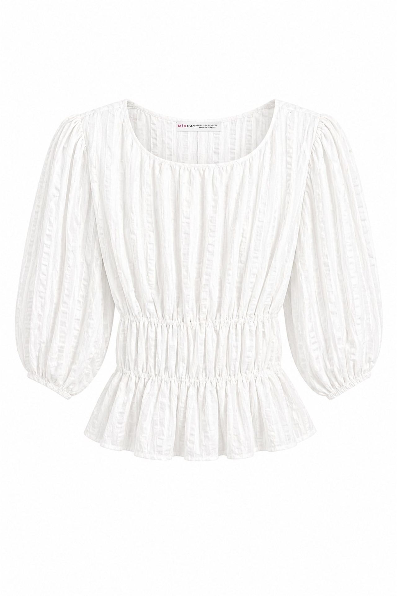 MIXRAY Textured U Collar Three Quarter Sleeve Peplum Blouse 1
