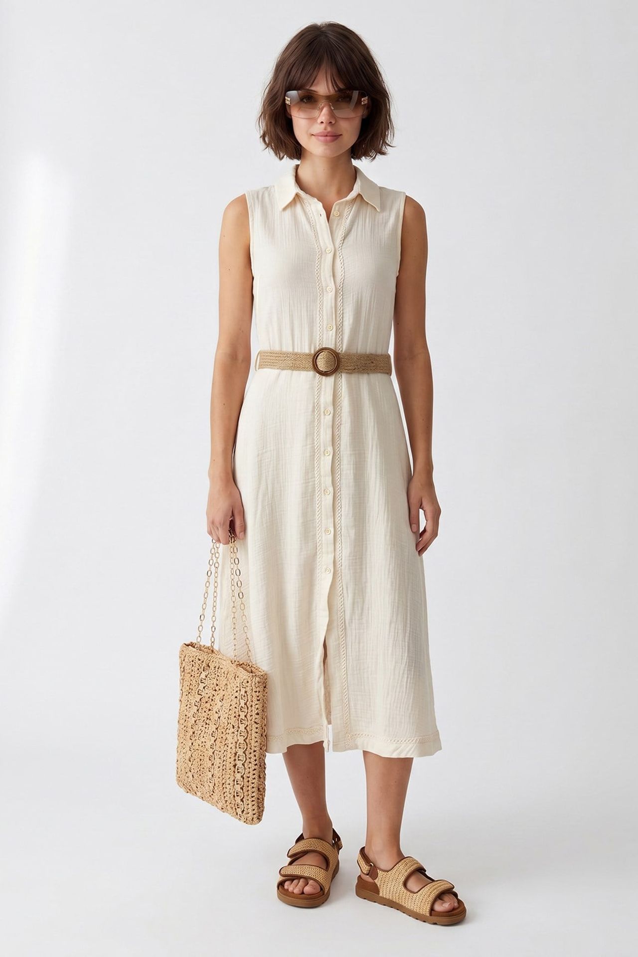 MIXRAY Belted Cotton Midi Shirt Dress 4