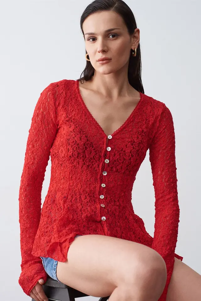 DILVIN Lace V-Neck Button Cardigan