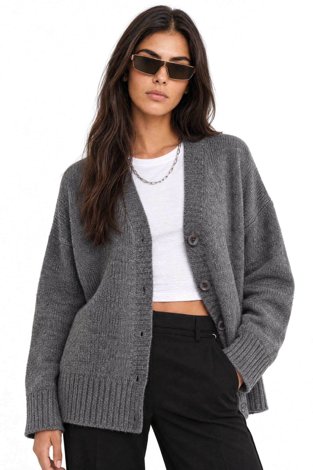 Mixray Buttoned V-Neck Ribbed Knit Cardigan 1