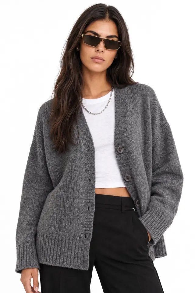 Mixray Buttoned V-Neck Ribbed Knit Cardigan