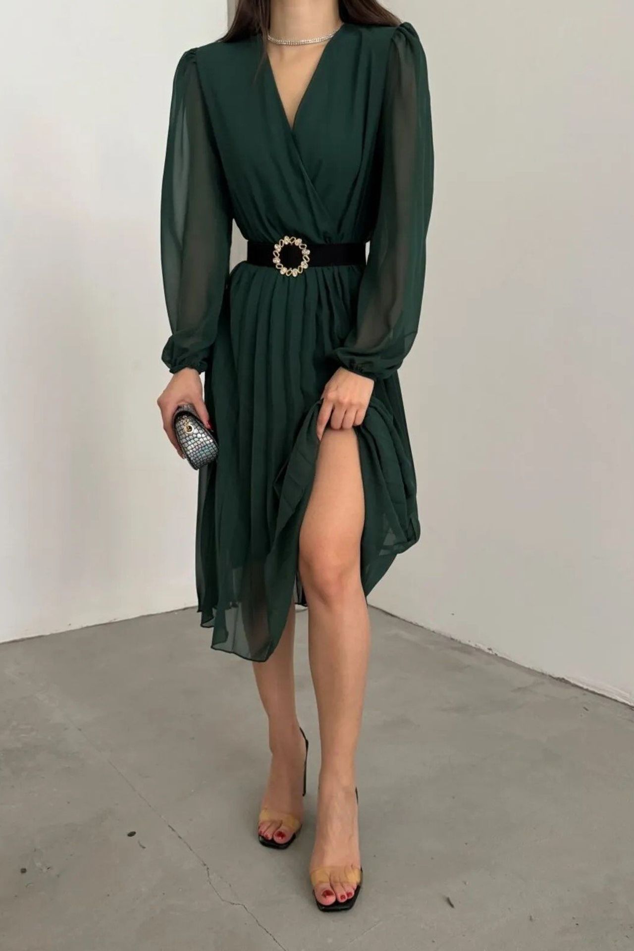JANES Belted V-Neck Chiffon Midi Dress 4