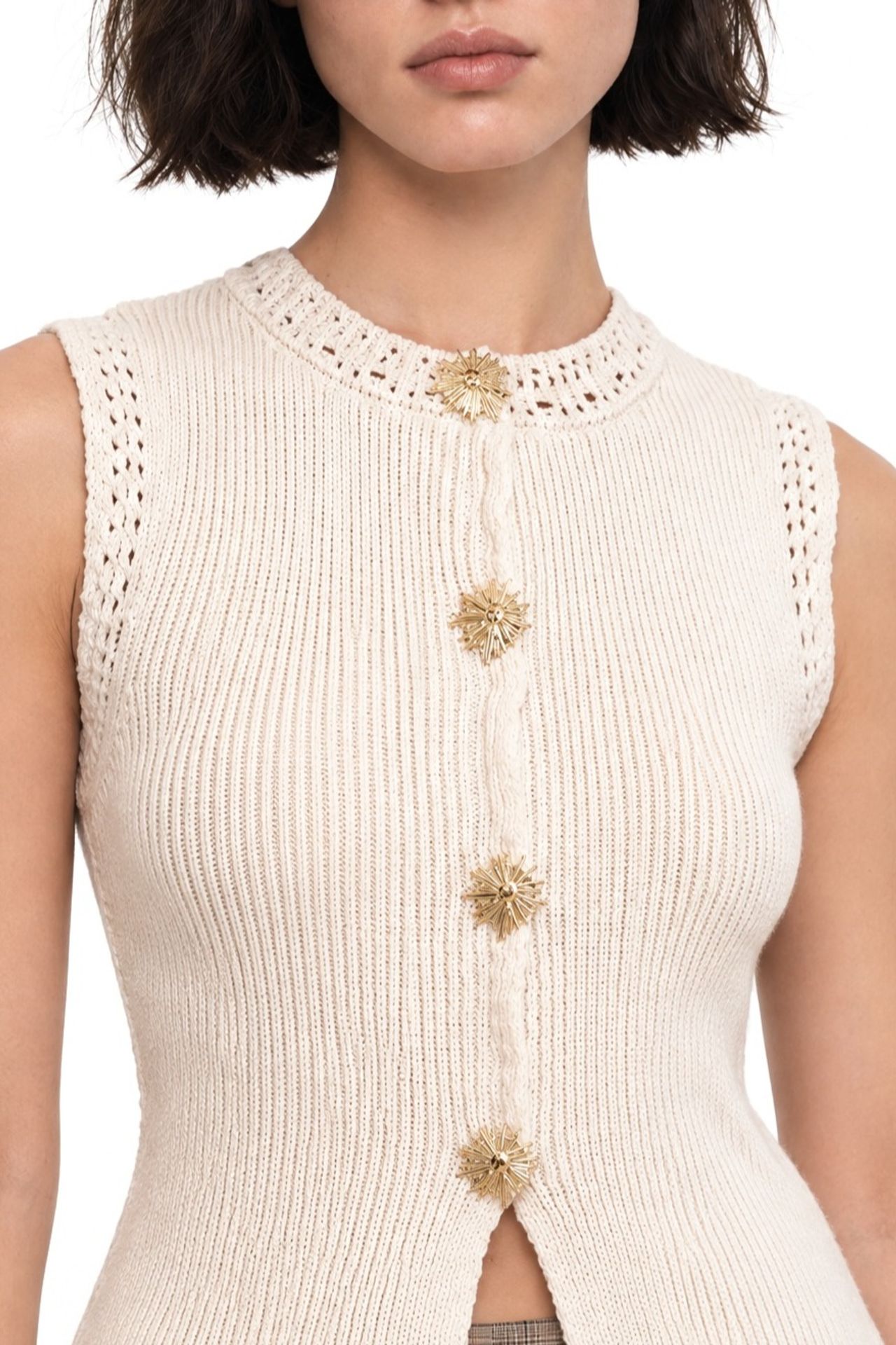 Mixray Textured Knit Crop Top with Button Details 4