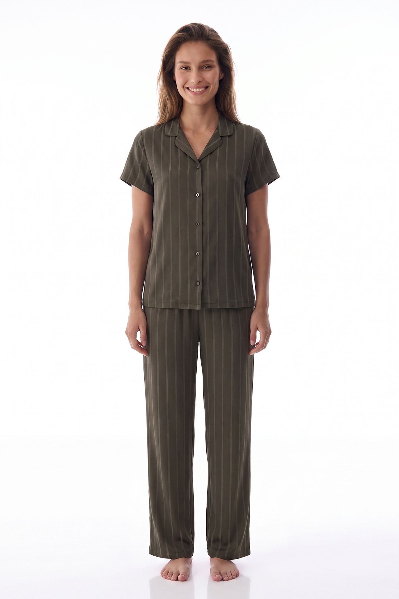 PENTI Rhea Satin Striped Short Sleeve Shirt And Trousers Pajama Set 1