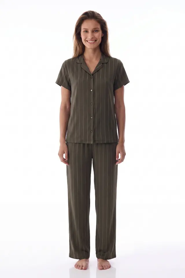PENTI Rhea Satin Striped Short Sleeve Shirt And Trousers Pajama Set