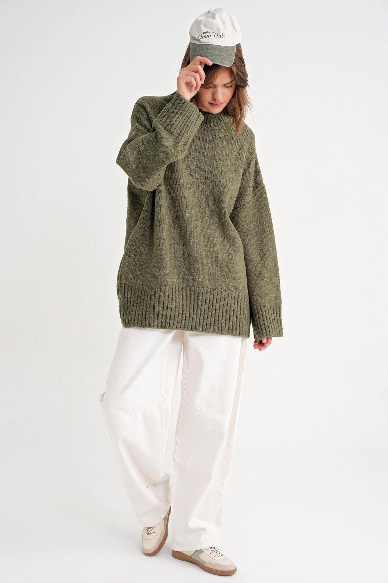 Mixray Oversized Ribbed Knit Sweater with Crew Neck