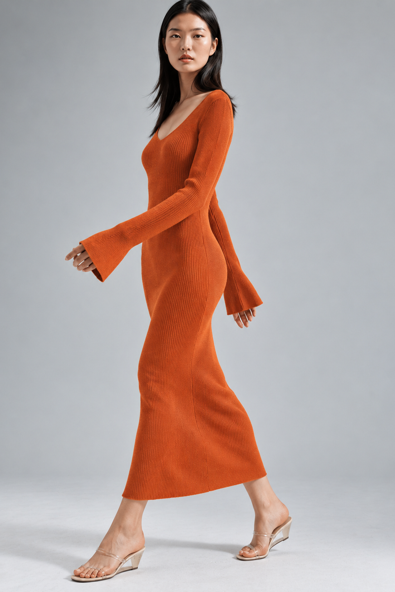 MY FASHION V Yakalı Dokulu Uzun Triko Elbise 2