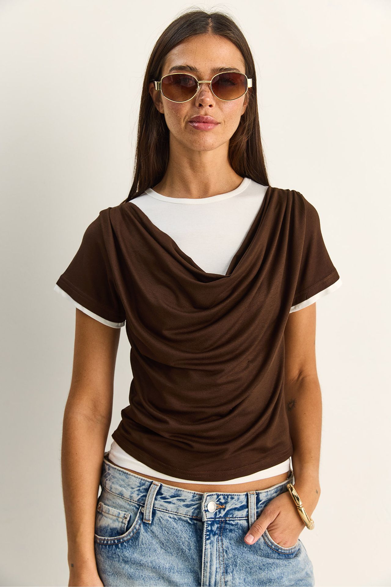 LUCCI Women's Cowl Neck Short Sleeve T-Shirt 3
