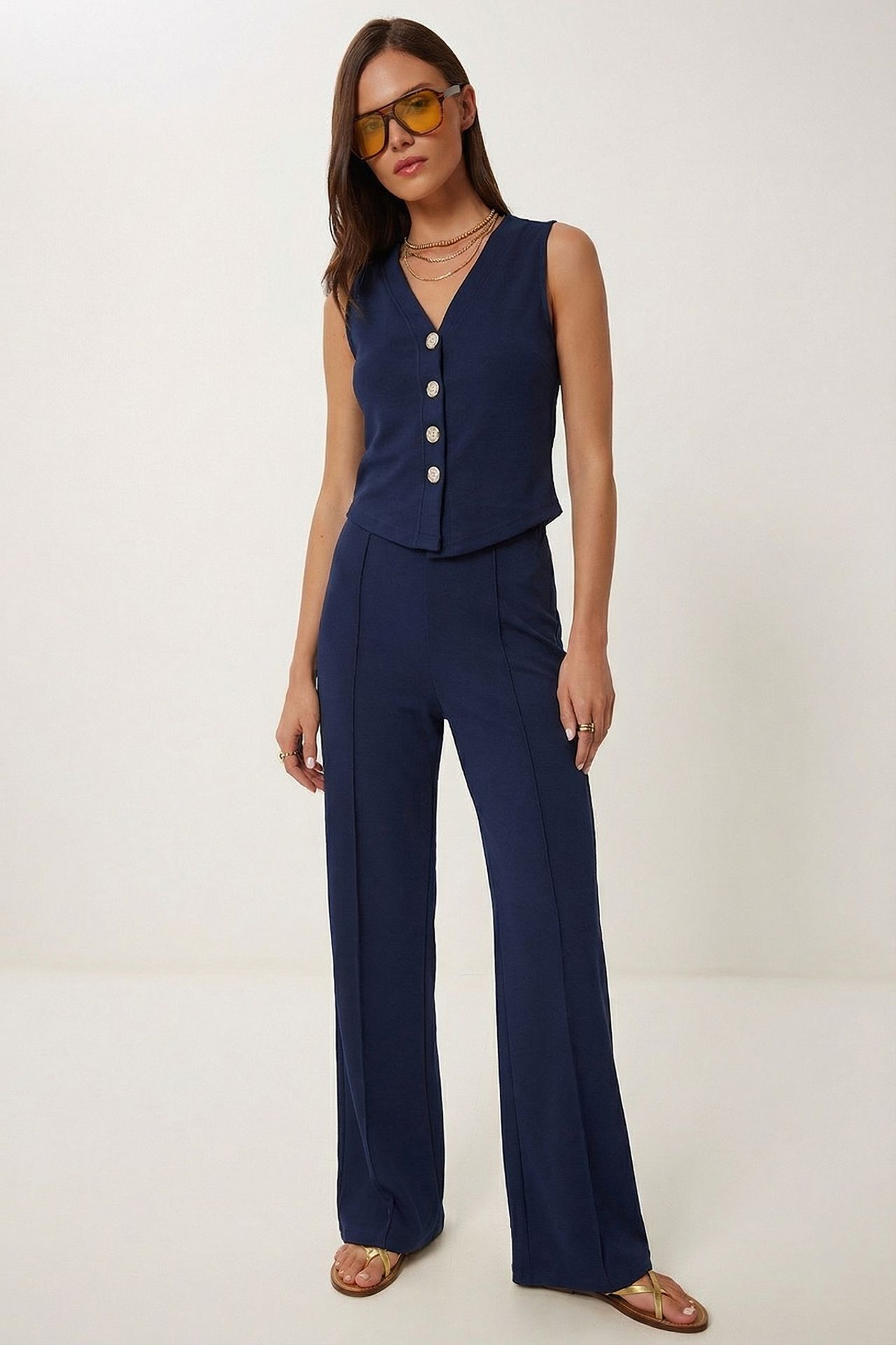 ISTANBUL High Waist V-neck Button-Up Wide Leg Co-ord Set 1