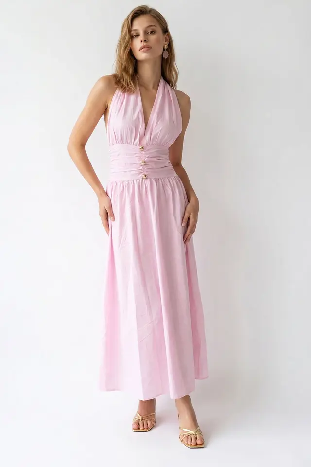 MIXRAY Women's Cotton Poplin Halter Maxi Dress