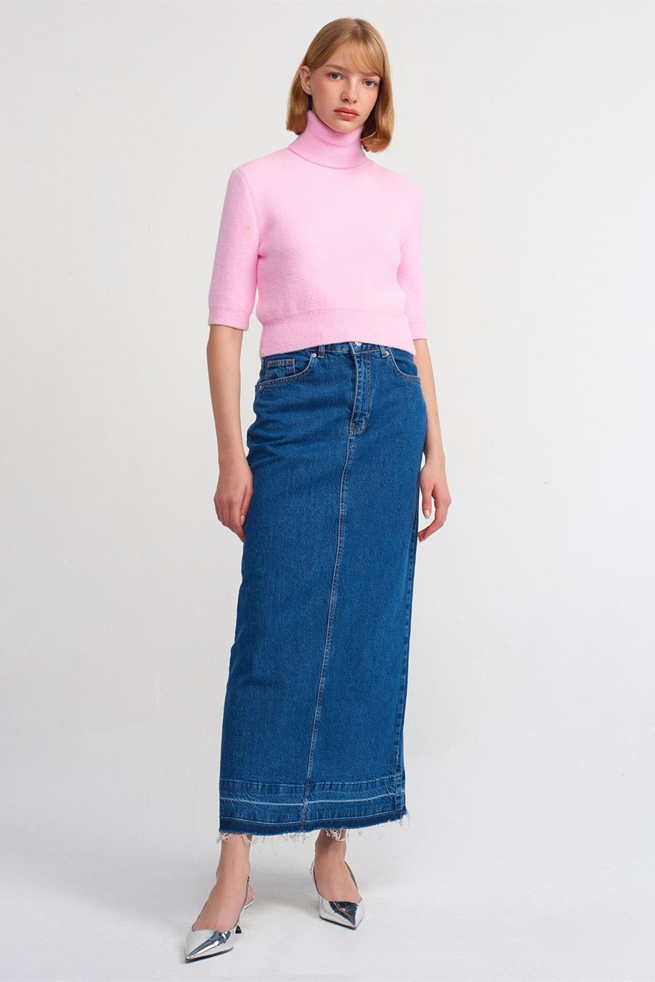 DILVIN Yüksek Bel Düz Maxi Denim Etek 1