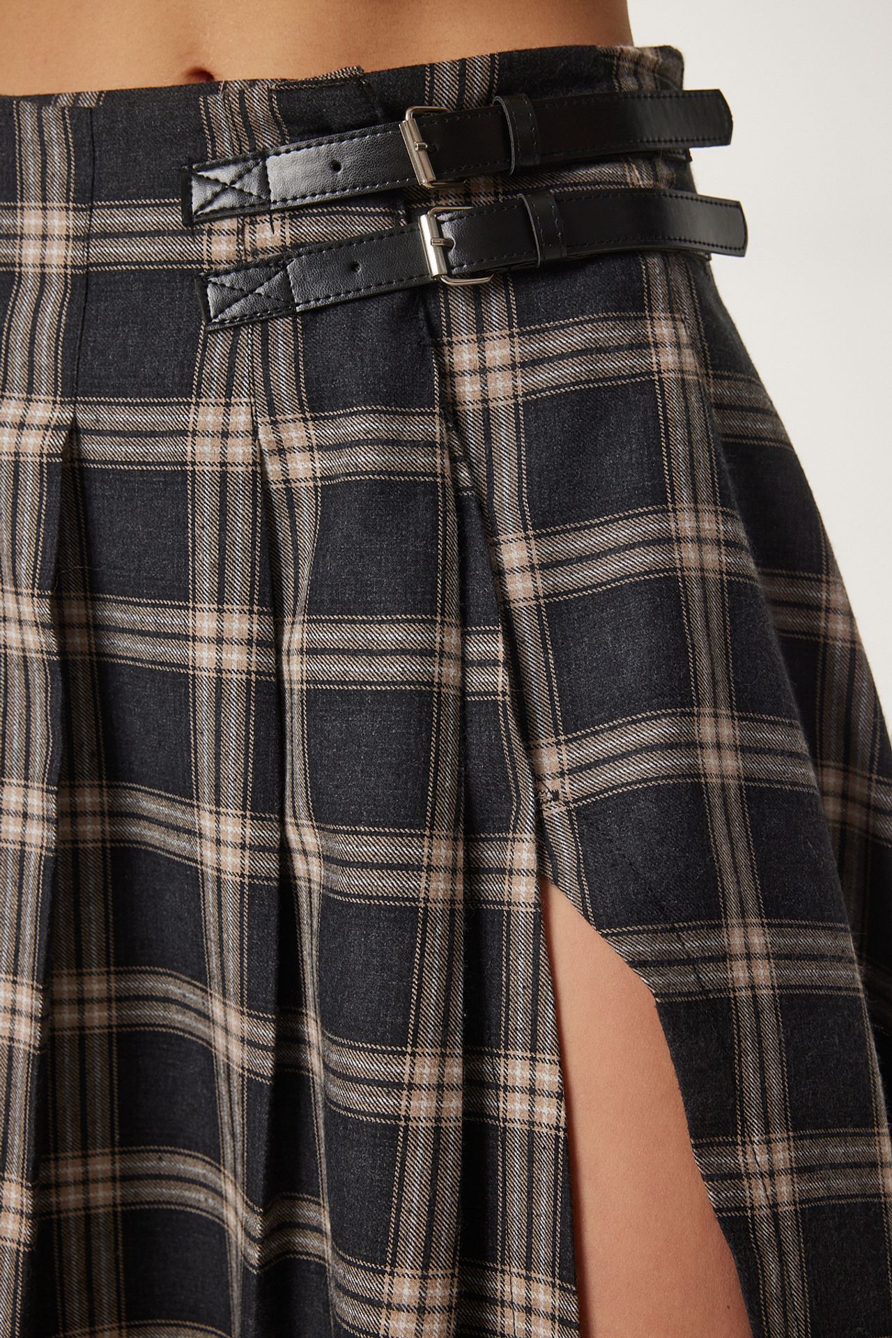 ISTANBUL Belt Detailed High Waist Long Plaid Skirt 5