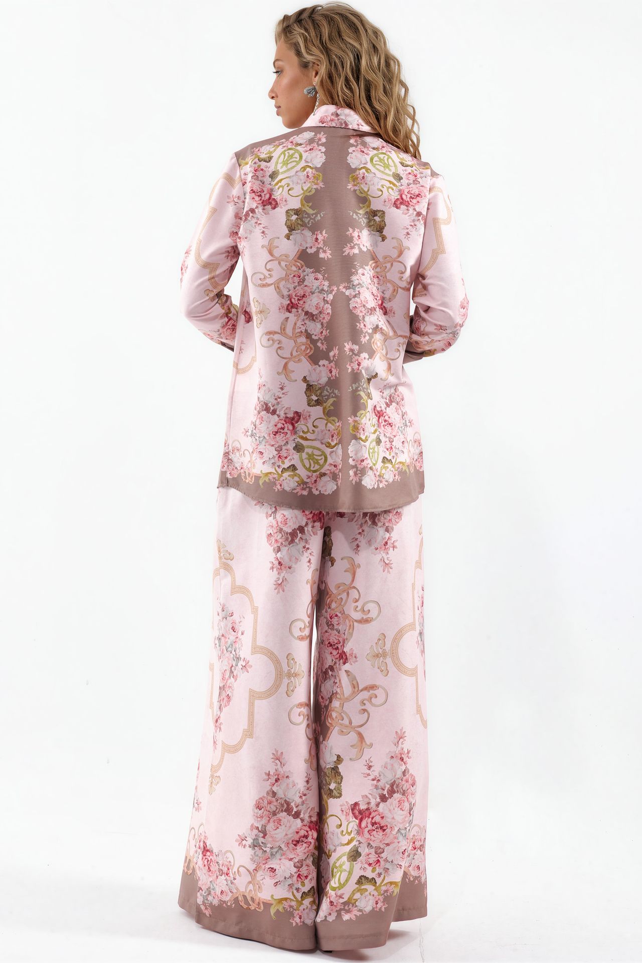 MSN Floral Satin Shirt And Wide-Leg Pants Set