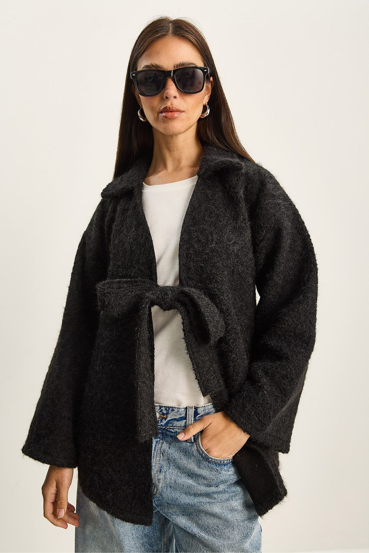 LUCCI Textured Oversized V-Neck Tie Closure Cardigan 5