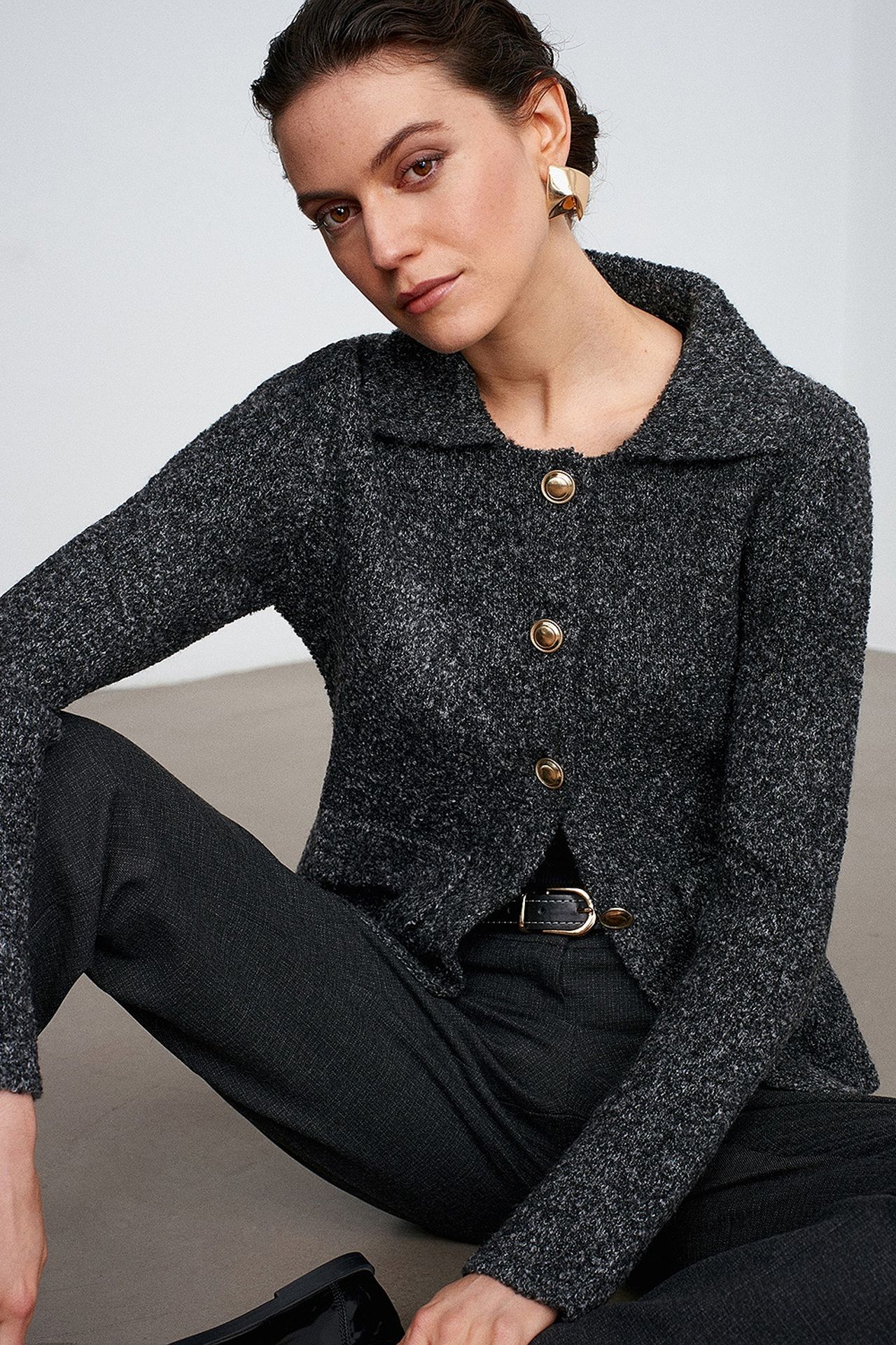 DILVIN Women's Textured Polo Collar Cardigan 3