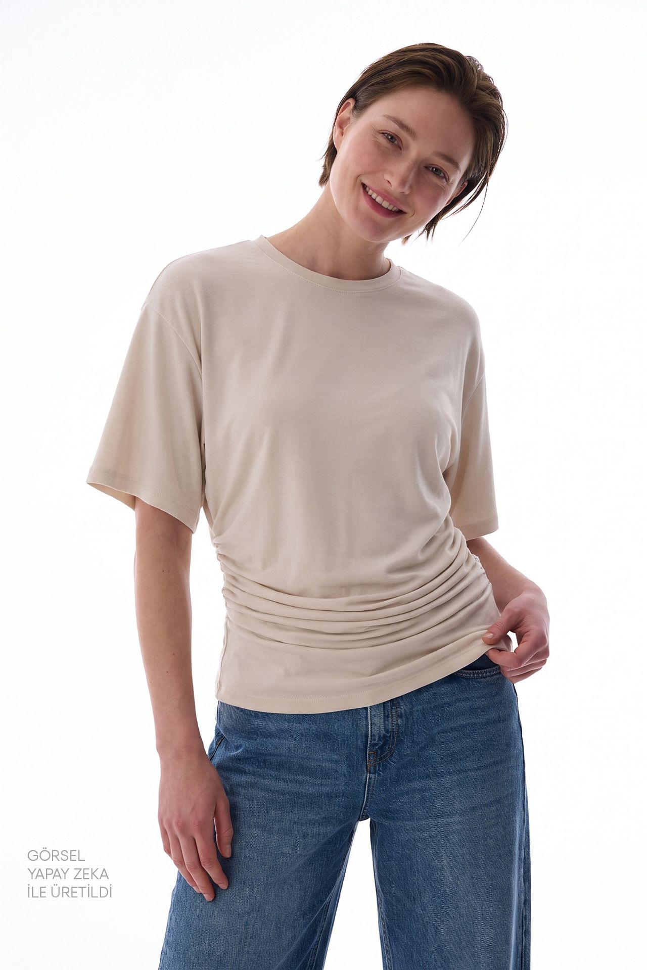 PENTI Women's Modal Waist Detail Textured T-Shirt With Gathers 3