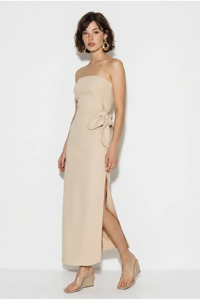 LUCCI Strapless Floral Maxi Dress with Bow Detail