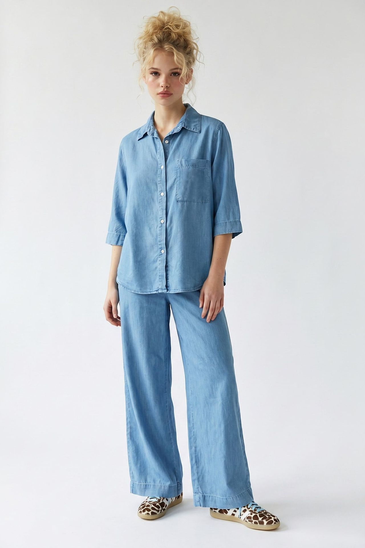 MIXRAY Cotton Shirt And Wide-leg Trouser Set 3