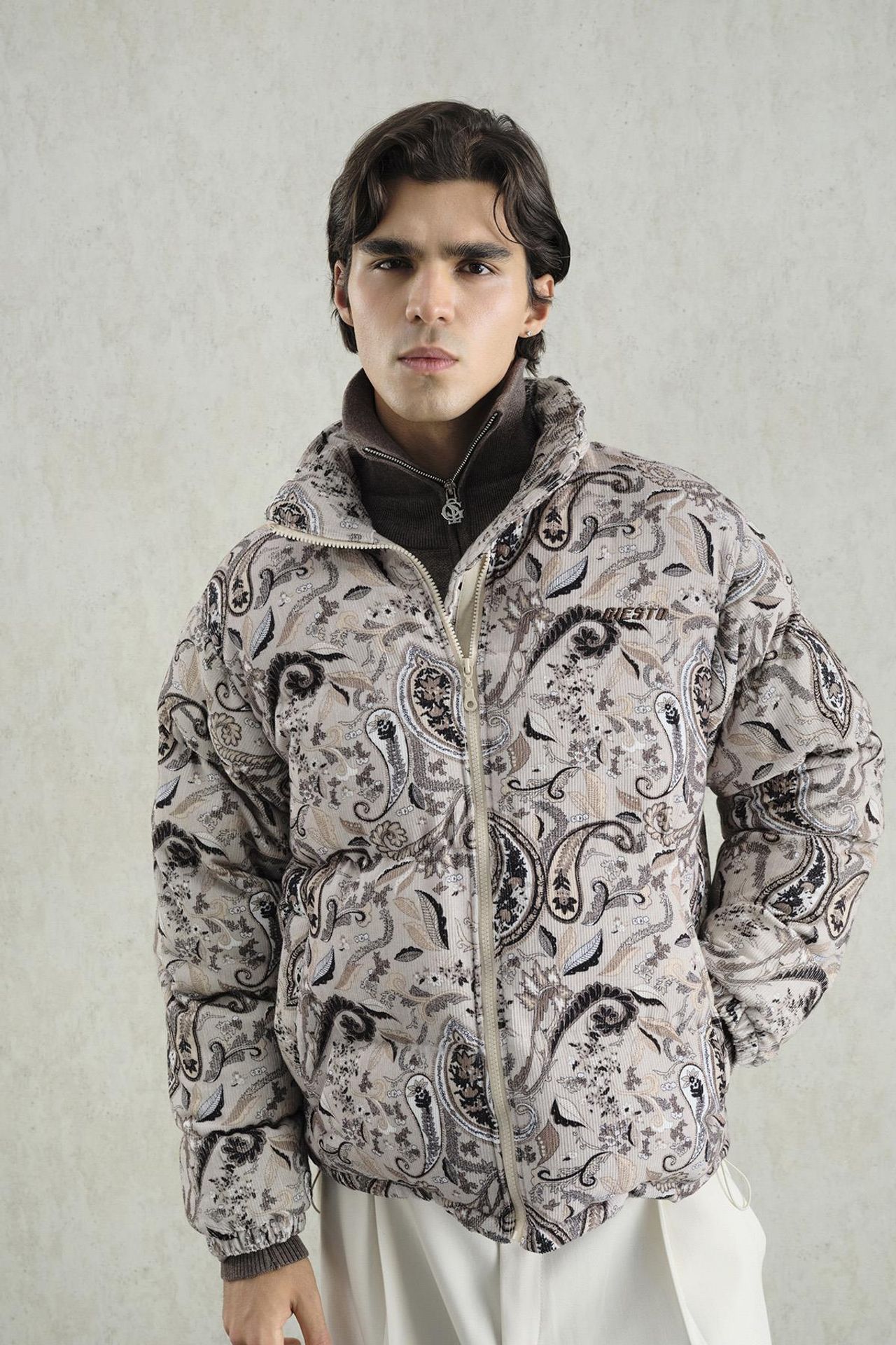 GIESTO Patterned Bomber Puffer Jacket with Zipper Collar 4