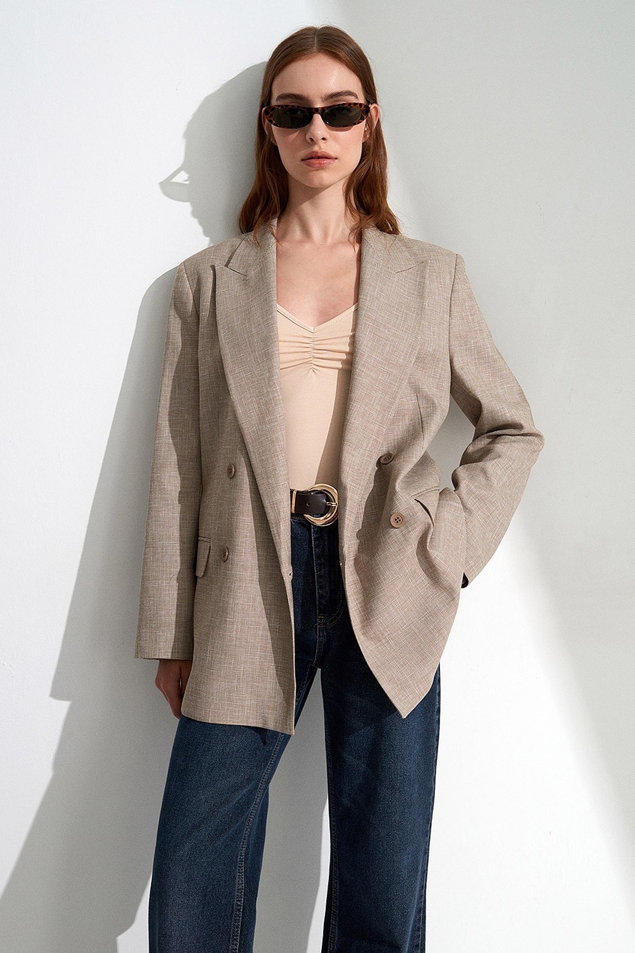 DILVIN Long Shawl Collar Crepe Blazer