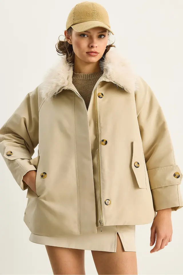 LUCCI Zipper Jacket with Faux Fur Collar
