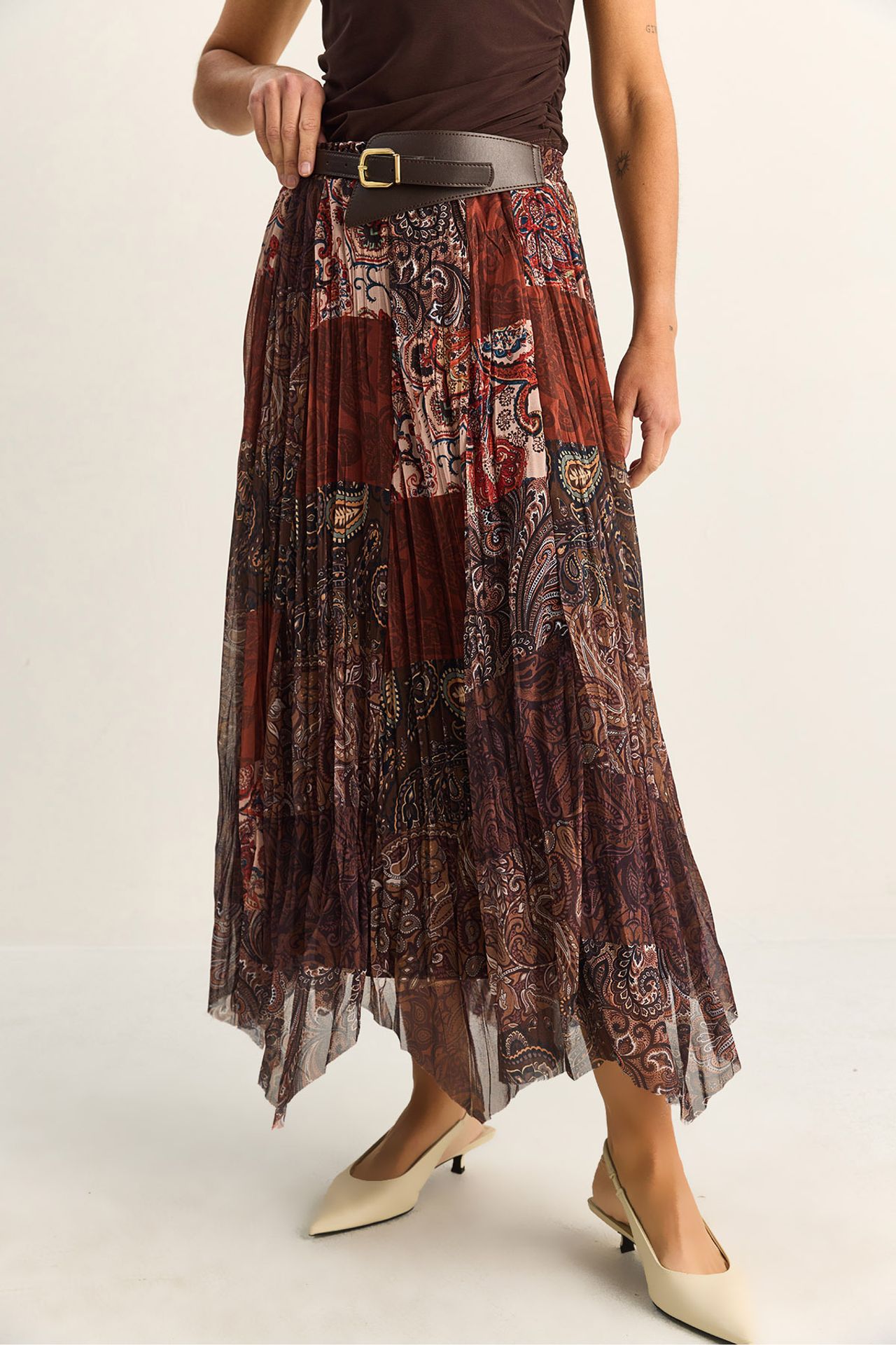 LUCCI High Waist Paisley Print Midi Skirt with Belt 5