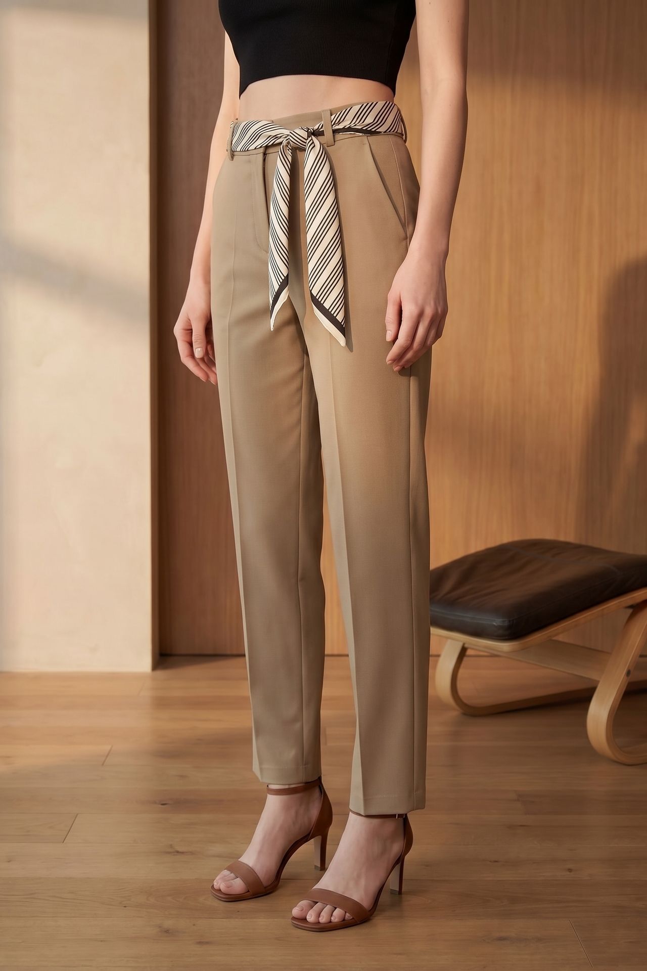 MY FASHION High-Waist Straight-Leg Crepe Trousers with Belt 3